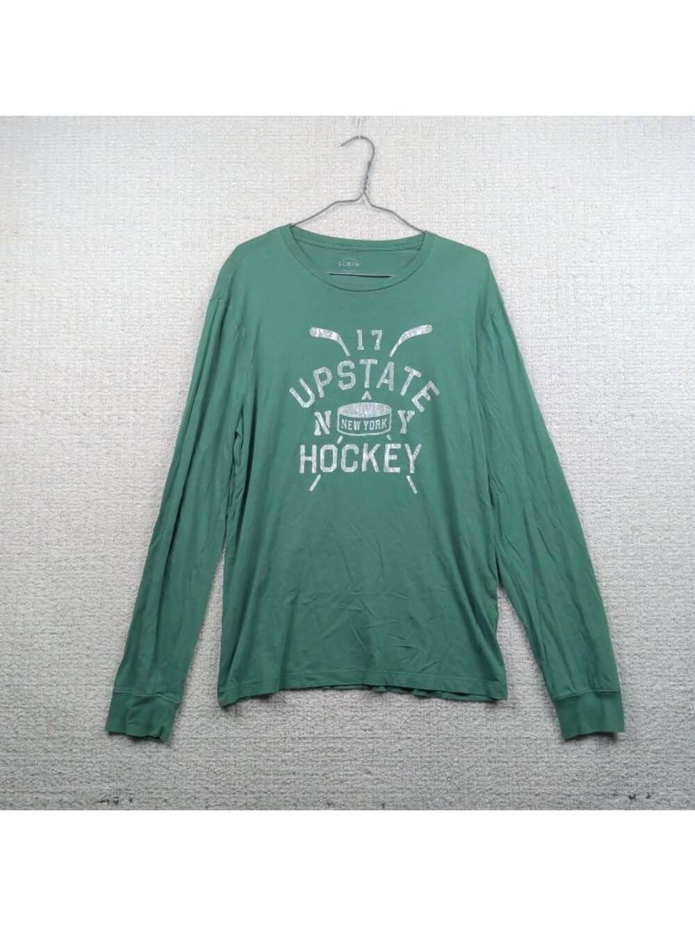J.Crew Shirt Mens Sz M Green Crewneck Long Sleeve Upstate New York Hockey Retro